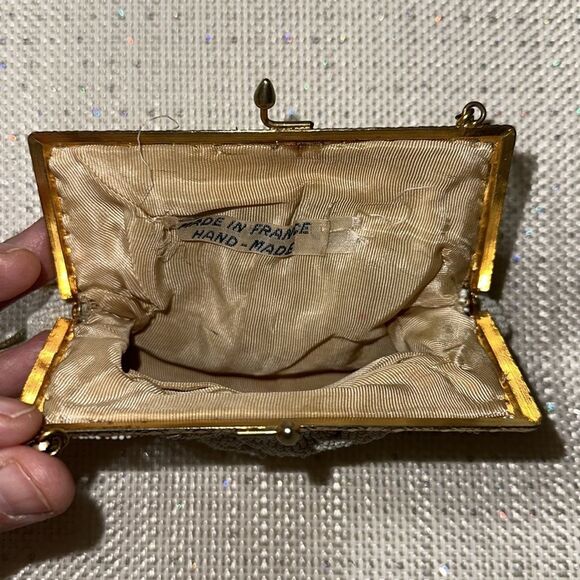 Vintage Beaded Kissing Wallet Clutch Ivory Gold Tone Floral - Picture 5 of 5